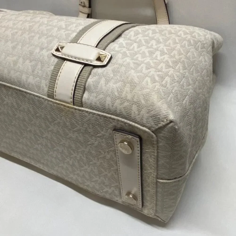 Michael Kors Griffin Large Logo‎ Tote Natural Jacqard Canvas Leather Trim GUC